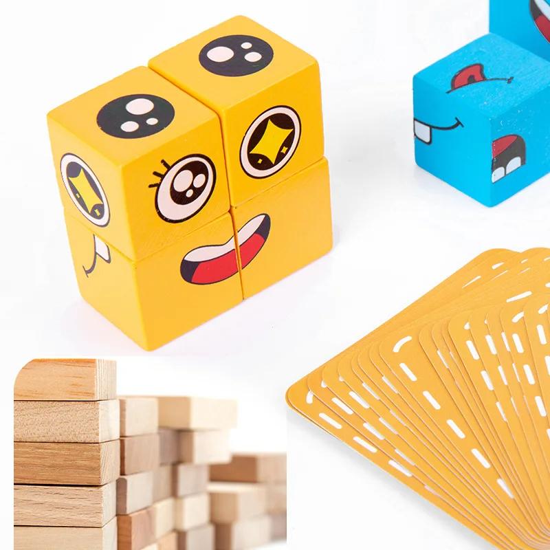 Family game with wooden building blocks, an interactive learning toy for kids' early development.