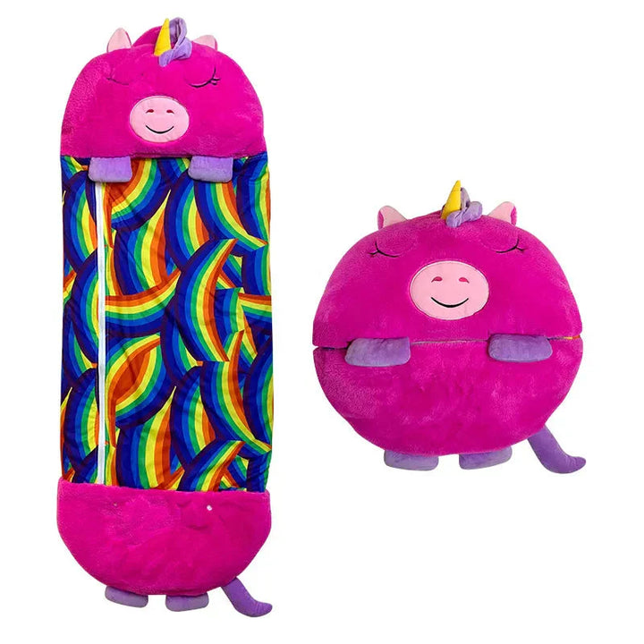 Children's travel sleeping bag that's also a soft plush animal cuddle toy for sleepovers.