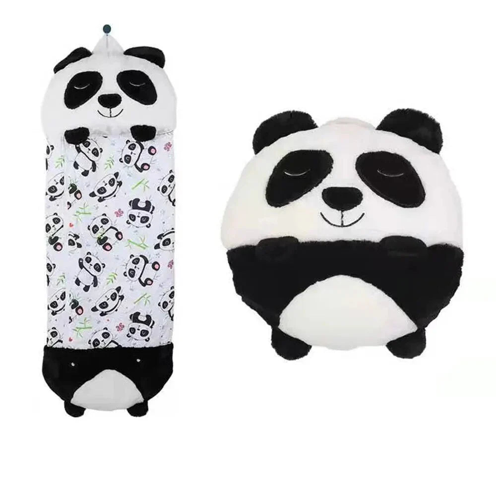 Portable plush animal sleeping bag for children, ideal for travel, sleepovers & playtime fun.