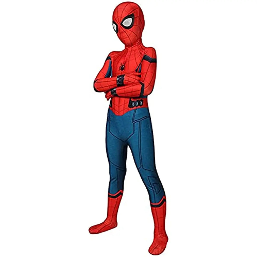 Vibrant red kids' Spider-Man costume, inspiring hero roleplay, imaginative adventures, and party wear.