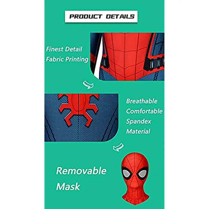 Complete red Spider-Man superhero outfit for kids. Comfortable for dress-up, parties, and Halloween fun.