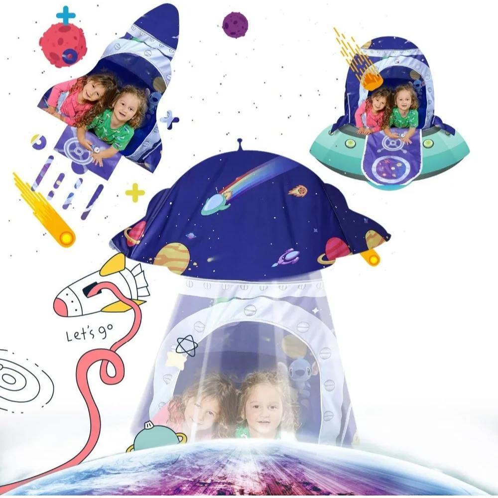 Vibrant rocket play tent for kids, promoting imaginative play. Ideal children's indoor/outdoor play house.