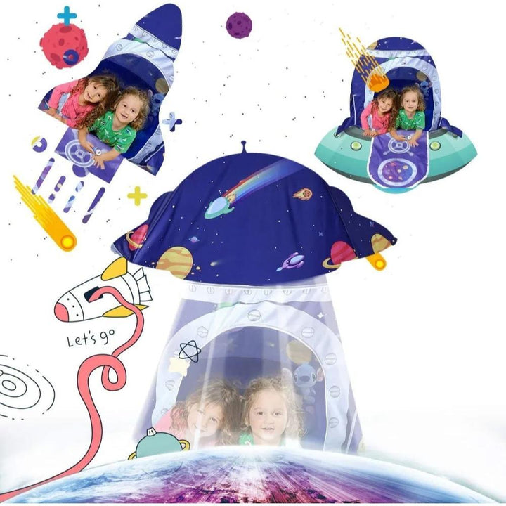 Vibrant rocket play tent for kids, promoting imaginative play. Ideal children's indoor/outdoor play house.