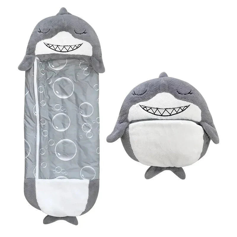 "Kids' SleepyBuddy 2-in-1 sleeping bag & plush toy in cat design, soft cozy polyester, perfect for sleepovers & play."
