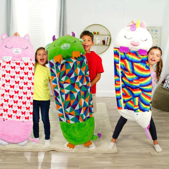 "Kids' SleepyBuddy 2-in-1 sleeping bag & plush toy in cat design, soft cozy polyester, perfect for sleepovers & play."
