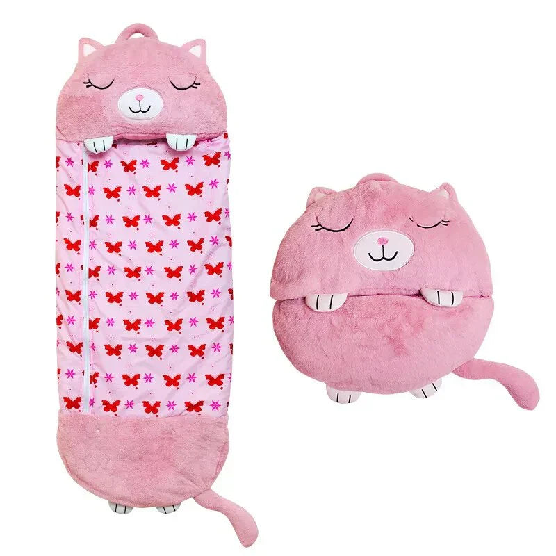 "Kids' SleepyBuddy 2-in-1 sleeping bag & plush toy in cat design, soft cozy polyester, perfect for sleepovers & play."