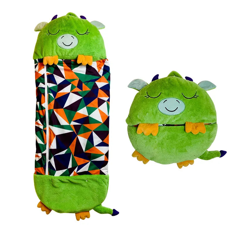 "Kids' SleepyBuddy 2-in-1 sleeping bag & plush toy in cat design, soft cozy polyester, perfect for sleepovers & play."