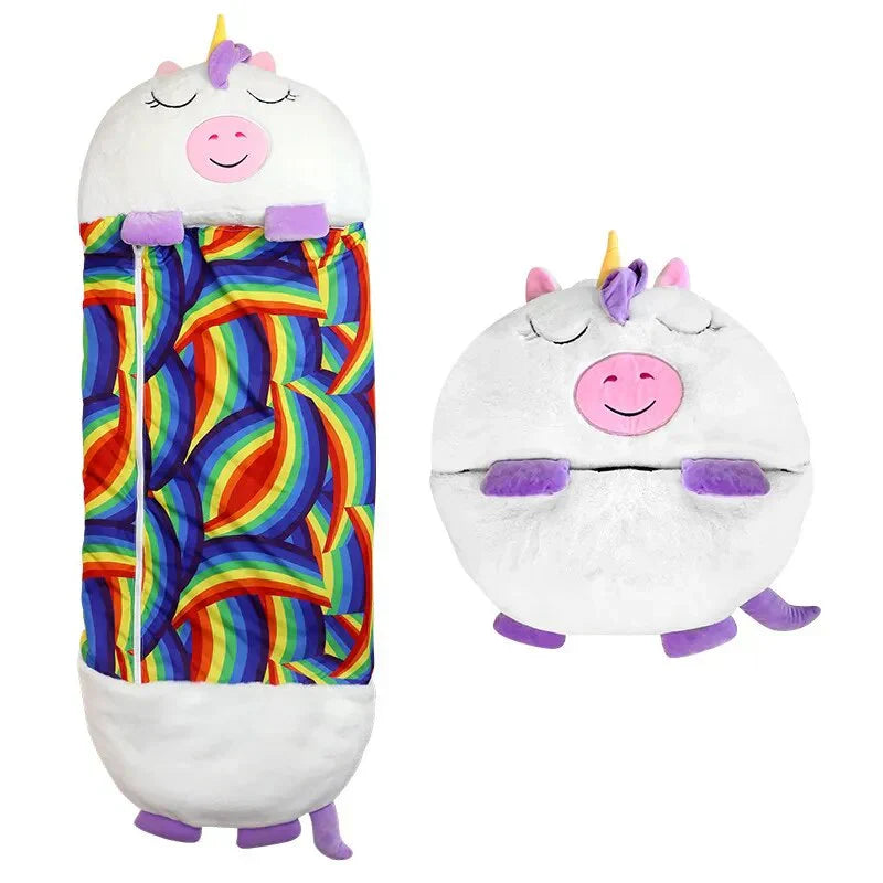 "Kids' SleepyBuddy 2-in-1 sleeping bag & plush toy in cat design, soft cozy polyester, perfect for sleepovers & play."