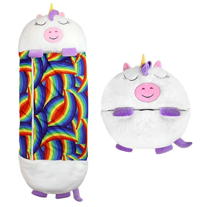 "Kids' SleepyBuddy 2-in-1 sleeping bag & plush toy in cat design, soft cozy polyester, perfect for sleepovers & play."