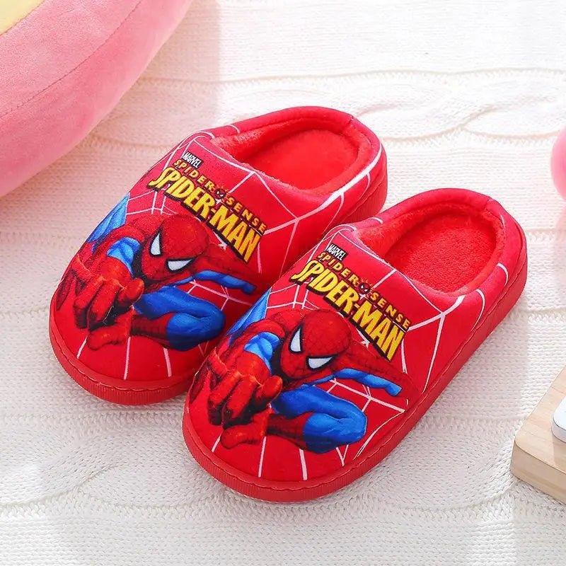 Pair of Kids Spider-Man indoor slippers. Soft, warm cotton children's footwear, cozy fall & winter shoes for boys & girls.