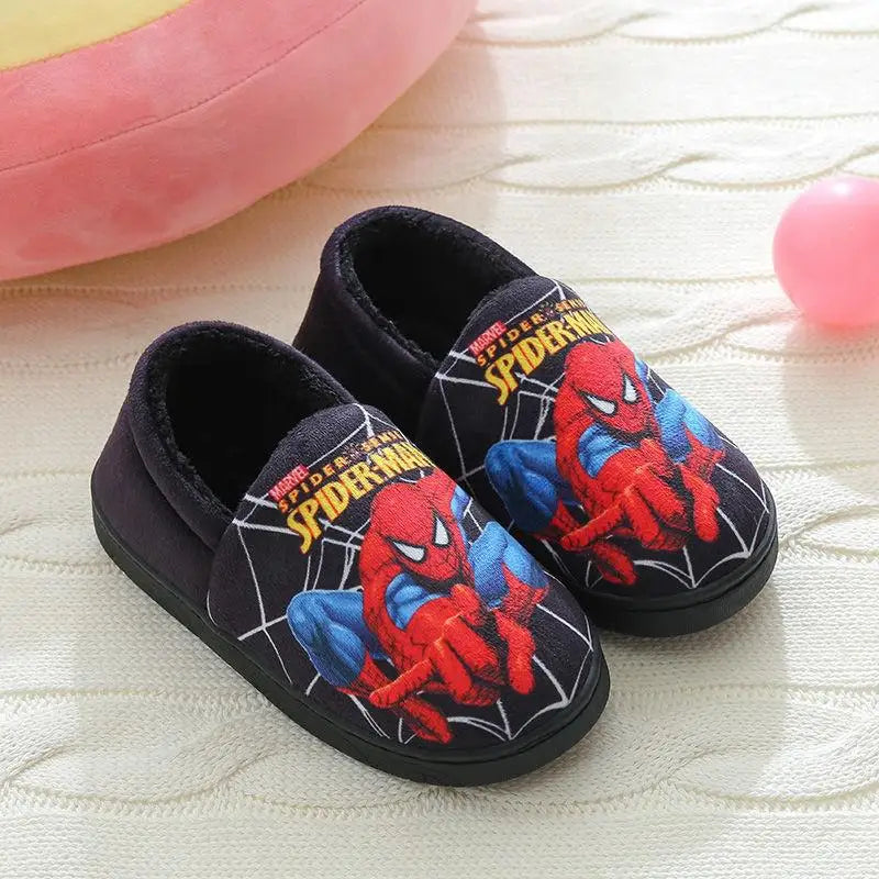 Cozy Spider-Man children's slippers. Soft cotton indoor footwear for boys & girls, perfect for fall & winter warmth.