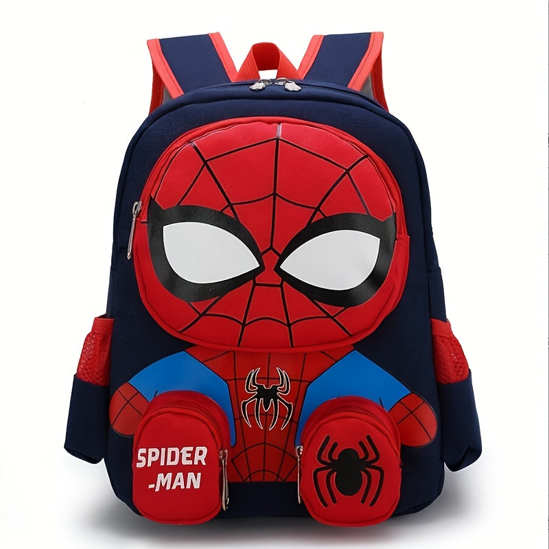 Front view of a vibrant Spider-Man 3D design school backpack for kids, featuring adjustable straps.