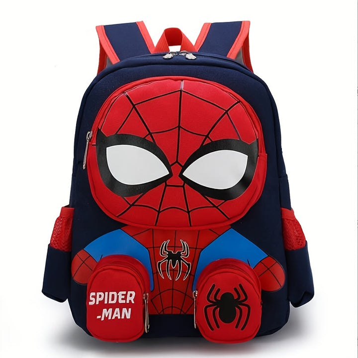 Front view of a vibrant Spider-Man 3D design school backpack for kids, featuring adjustable straps.