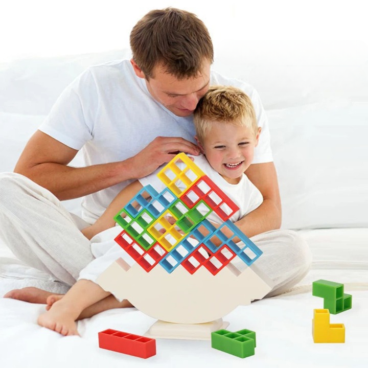 Educational stacking balance game for kids. Features colorful wooden blocks promoting cognitive skills and creative play.