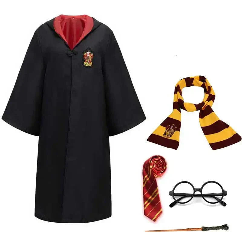 Black wizard school robe with house crest, perfect for kids' magic outfit & role play fun.