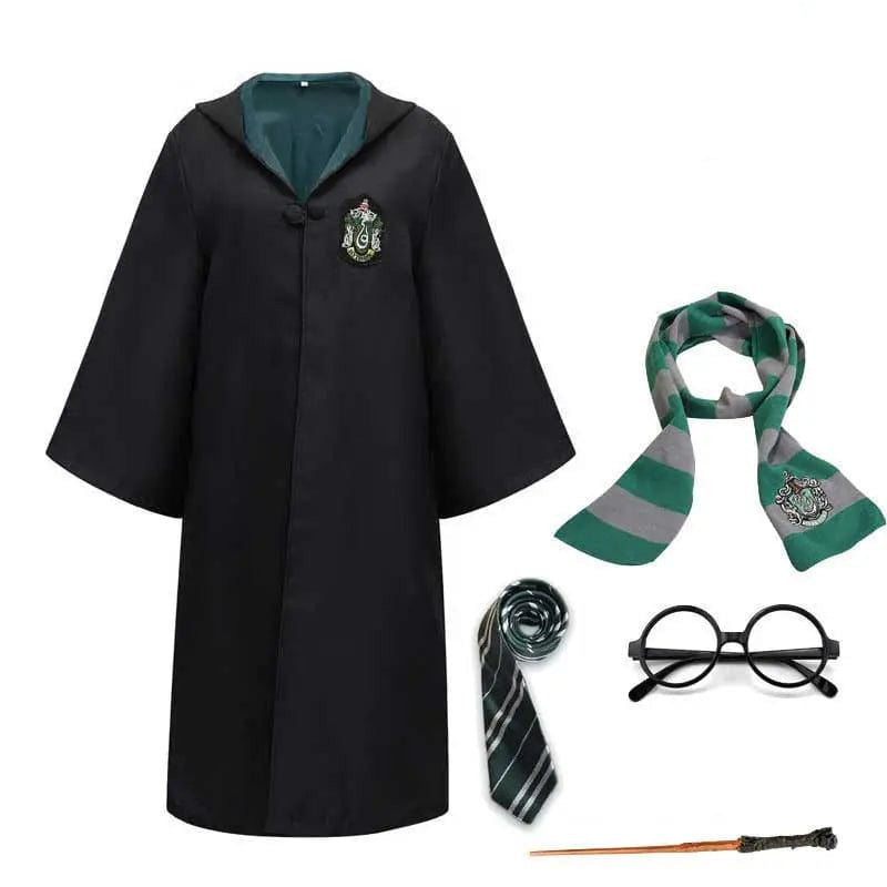 Complete Harry Potter costume accessories: wand, glasses, scarf & tie for kids' wizard party.
