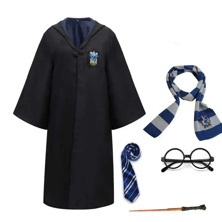 Young boy wearing a Kids' Wizard School Robe, ready for Hogwarts-themed Halloween party.