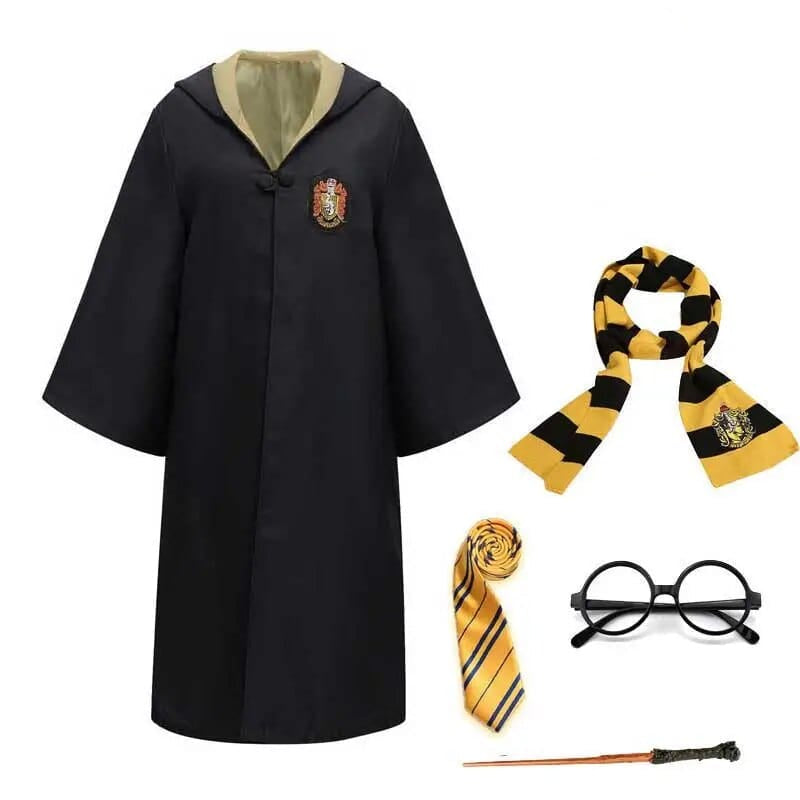 Full view of children's wizard costume, black robe & complete magic set for fantasy play.