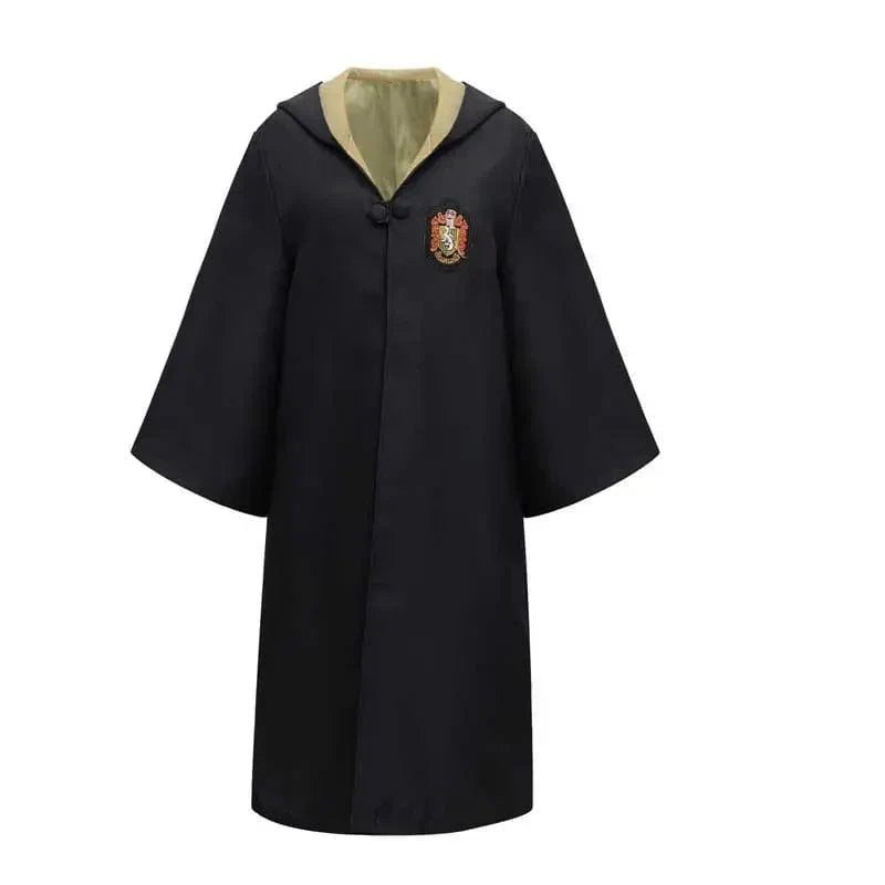 Excited kid in full Hogwarts wizard costume, posing with wand for magical role-play fun.