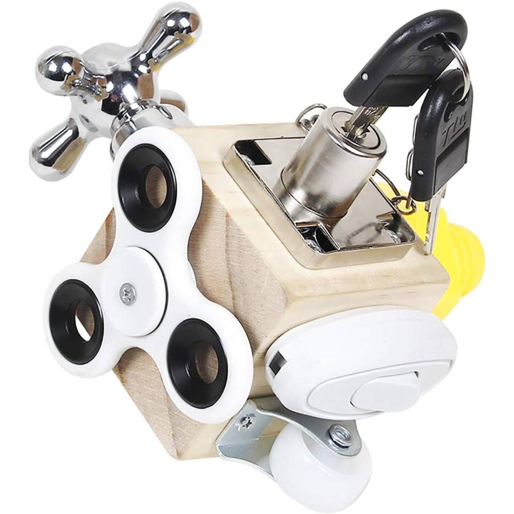 Kids Wooden Montessori Busy Activity Cube, educational toddler learning toy for fine motor skills & sensory play.