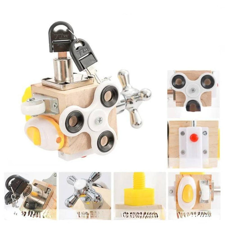 Toddler wooden busy board activity cube with various educational games for preschool skill growth & fun.