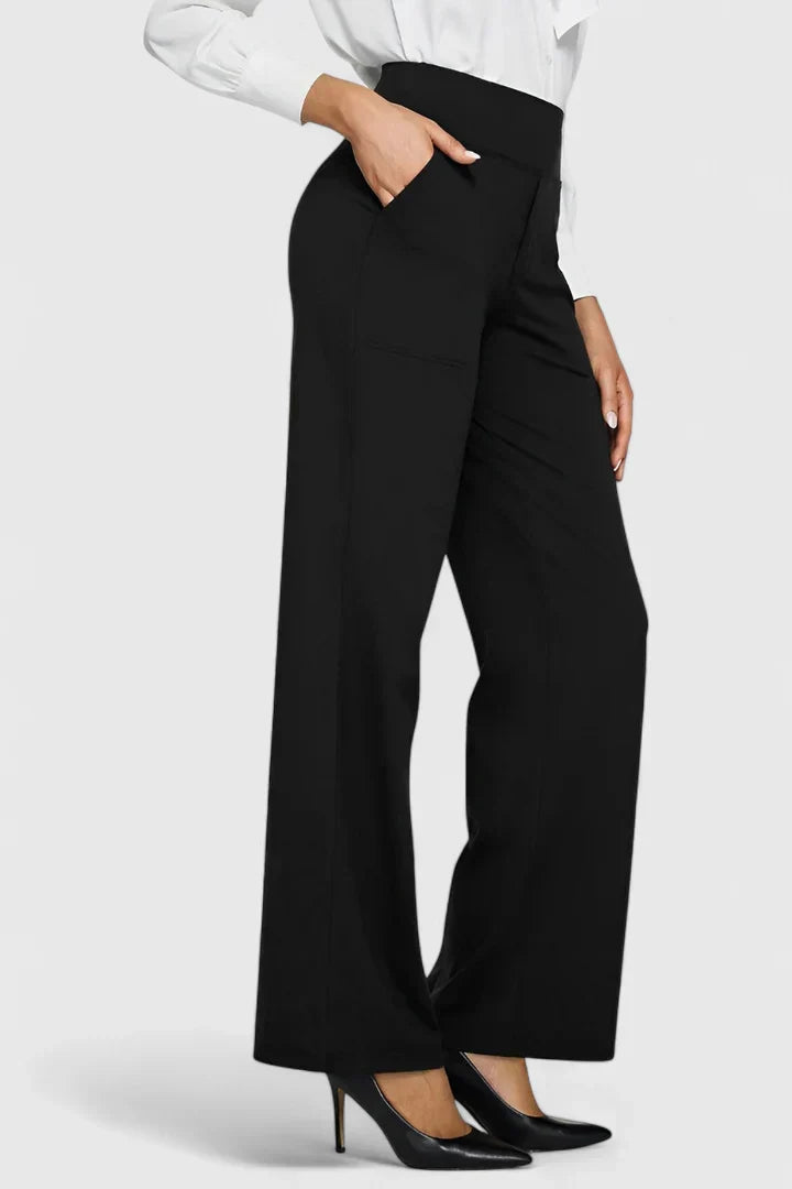 Detail of elastic waist on elegant women's straight leg trousers, ensuring comfort & style.