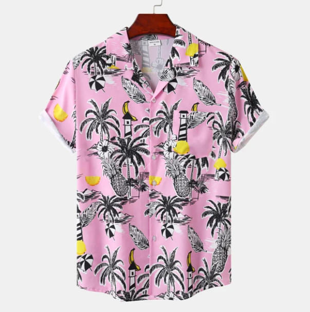 Colorful women's Hawaiian button-up shirt. Short-sleeve casual top, ideal for summer vacation & beachwear.