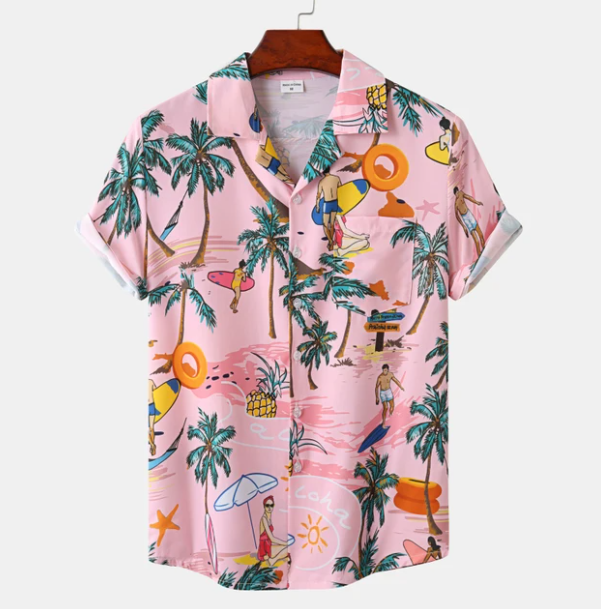 Vibrant women's Hawaiian button-up. Versatile short-sleeve top, great for beach, vacation, or casual summer wear.