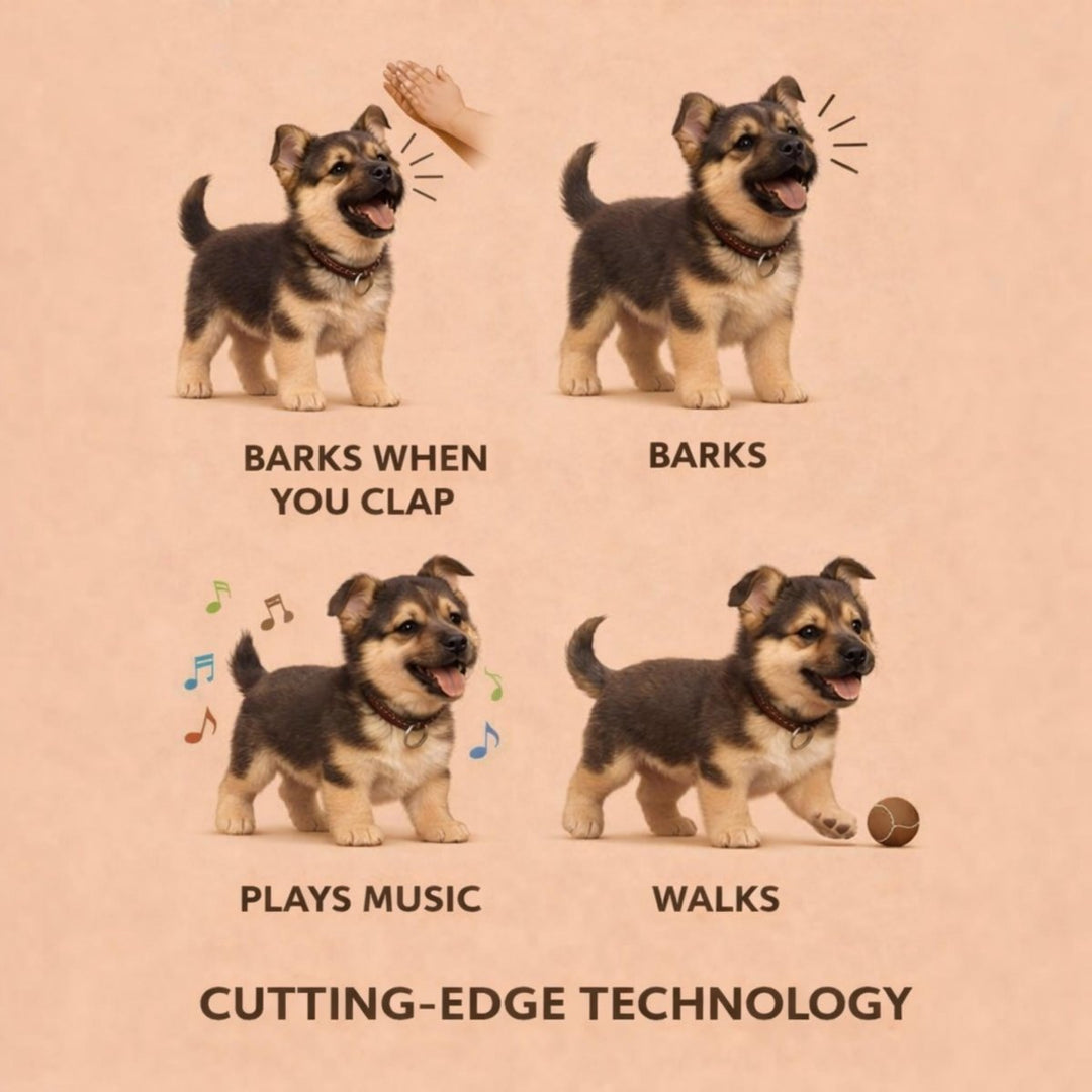 Cute interactive robot puppy, a soft electronic pet with realistic movements & sounds for kids.