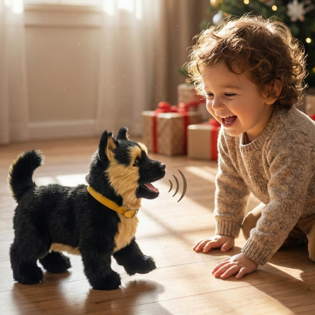 Soft plush robot dog, an electronic pet toy for children with lifelike movements.