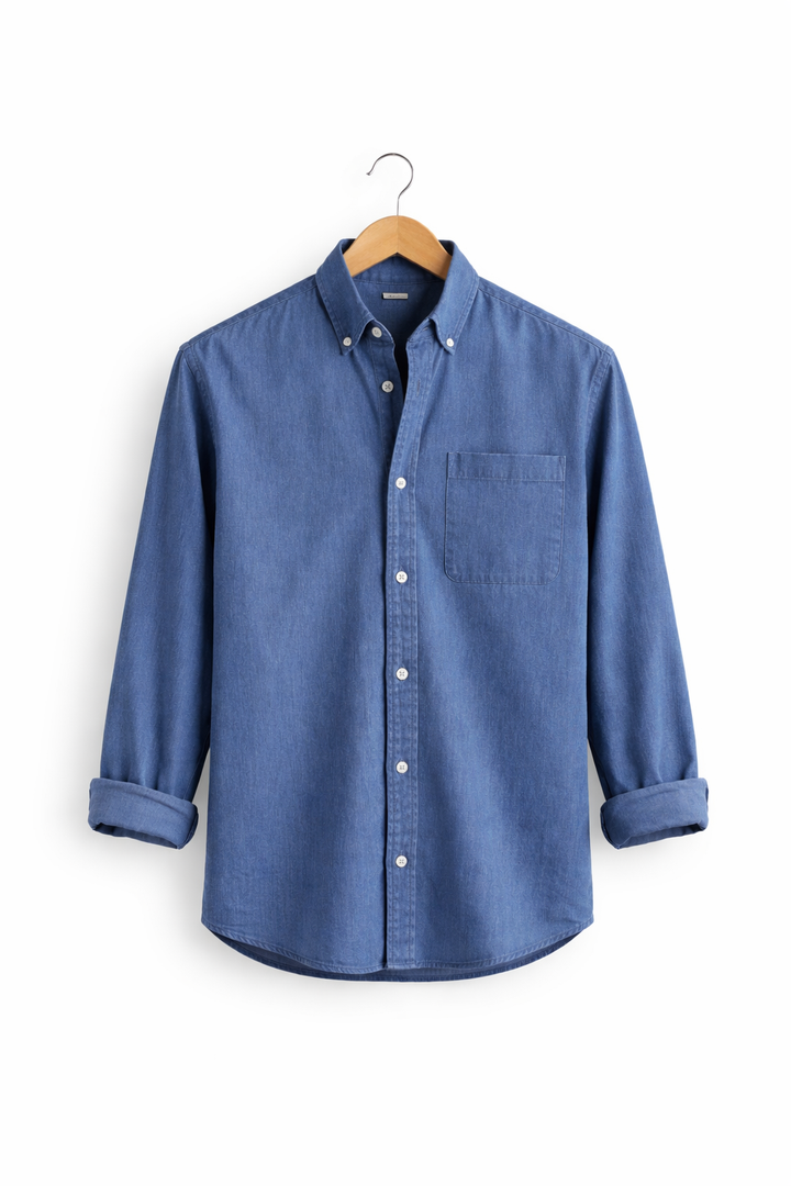 Men's long sleeve chambray shirt, relaxed fit. An essential button-up for versatile casual elegance.