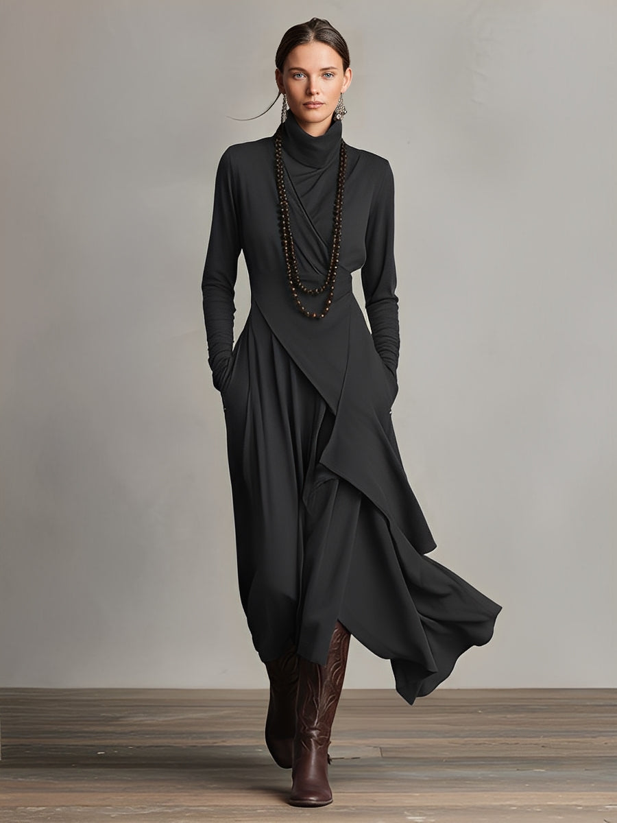 Warm women's winter dress: elegant draped turtleneck with long sleeves and hidden pockets.