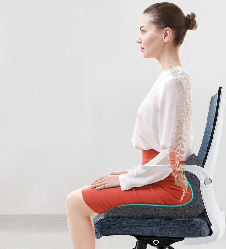 "L Shape Memory Foam Orthopedic Cushion offers ergonomic support with deep grey color, ideal for home and office seating."