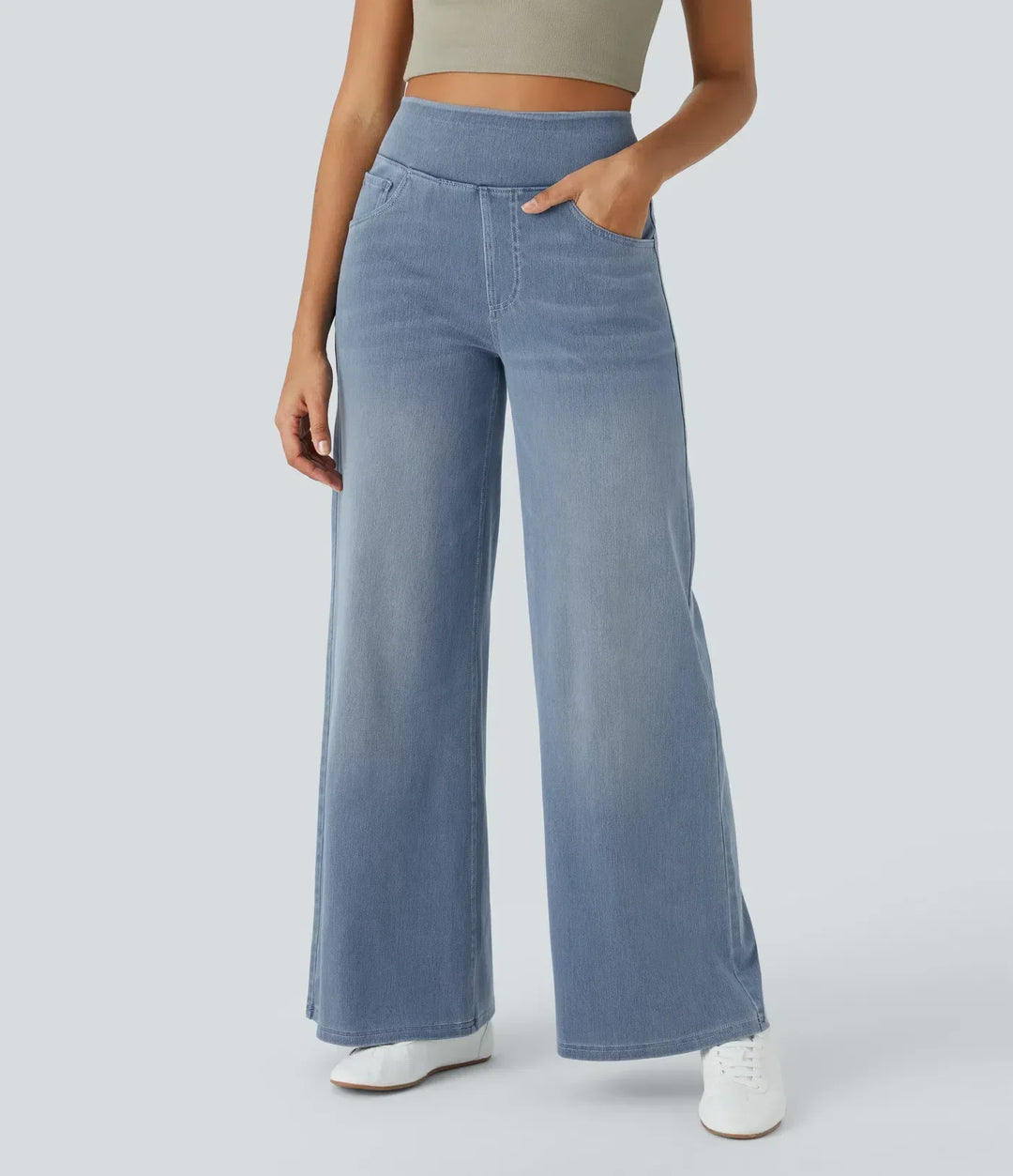 Everyday light blue high-waisted wide-leg stretch trousers for women, casual & comfortable.