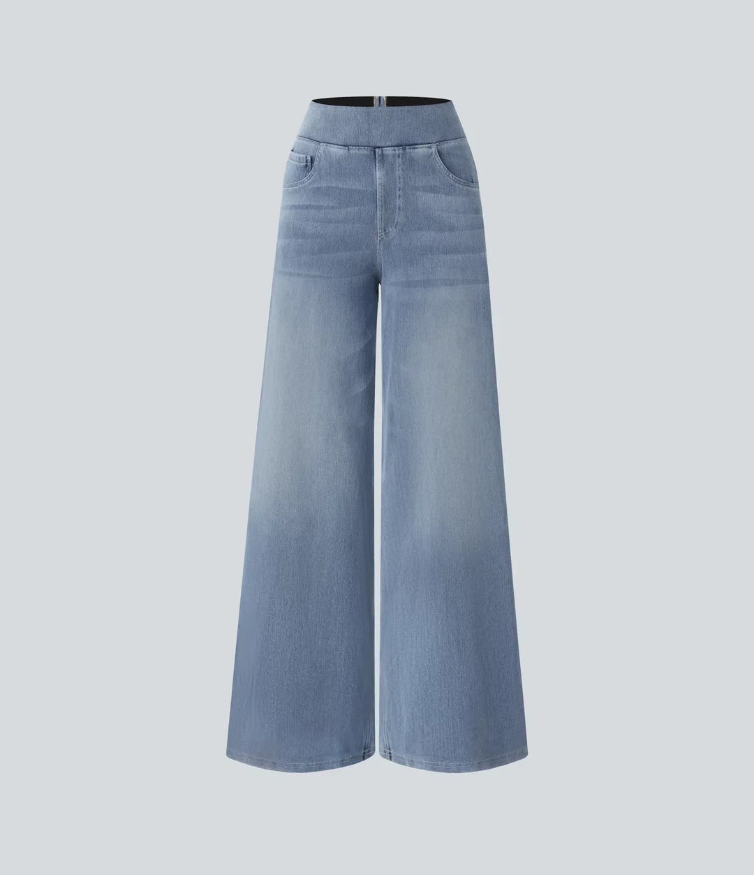 Elegant dark blue women's high-waisted wide-leg stretch trousers, flattering fit, everyday chic.