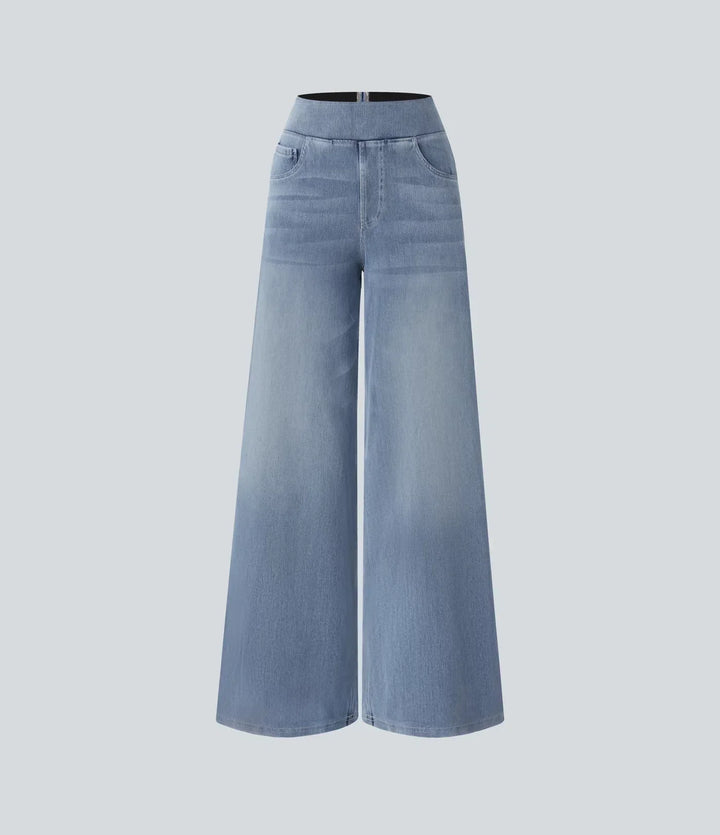 Elegant dark blue women's high-waisted wide-leg stretch trousers, flattering fit, everyday chic.
