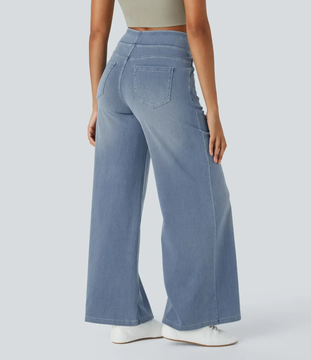Casual light blue high-waisted wide-leg stretch trousers for women, elastic waist, easy to wear.