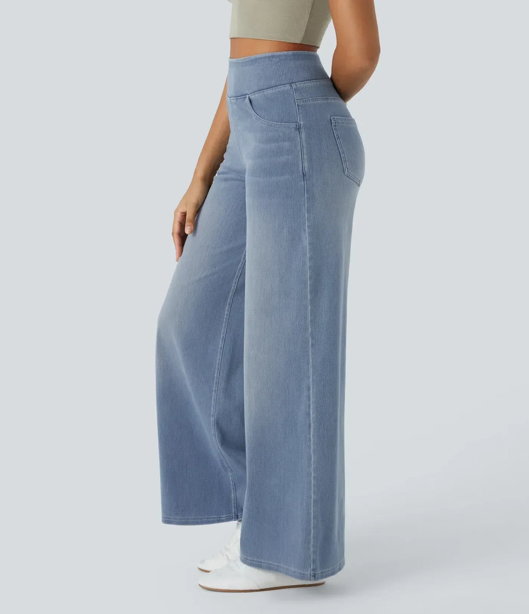 Stylish dark blue women's wide-leg stretch trousers, high-waisted, comfortable for all seasons.