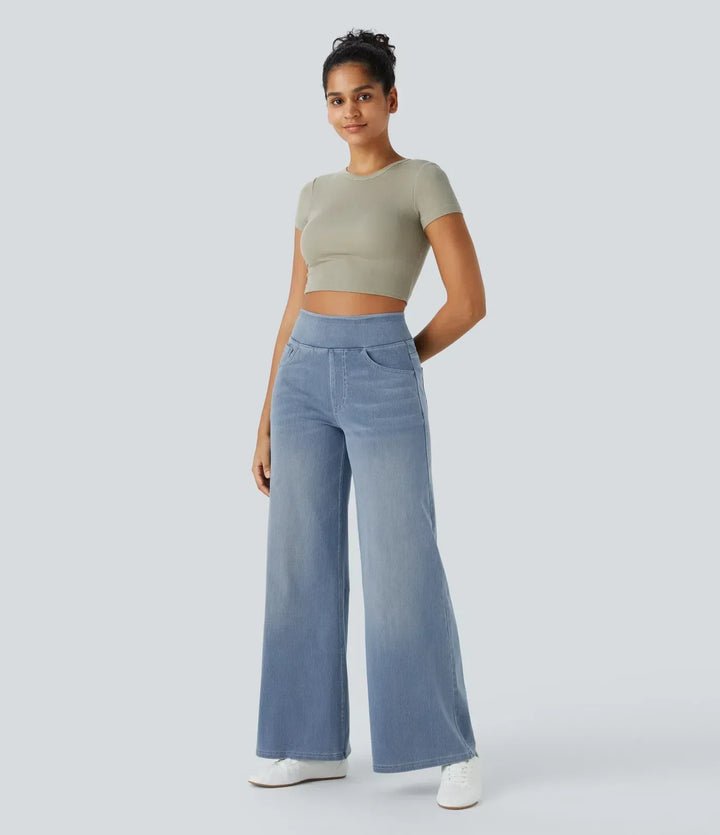 Dark blue high-waisted wide-leg stretch trousers, comfortable everyday women's style, versatile.