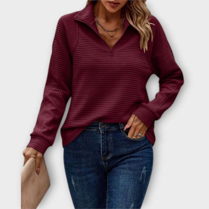 Women's V-neck zipper jumper. Comfortable long sleeve pullover, versatile knitwear for any casual occasion.