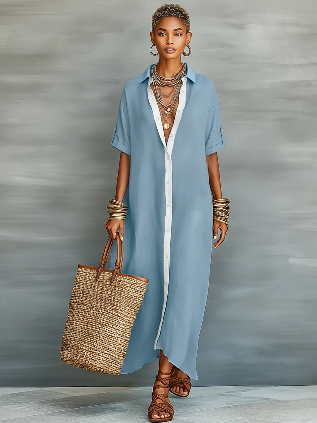 Relaxed fit women's maxi shirt dress, a comfortable and stylish button-front long dress for daily fashion.