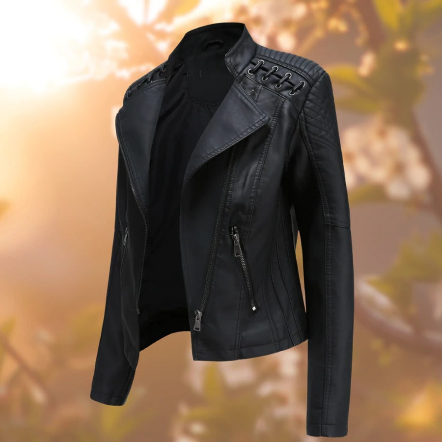 Women's chic biker jacket in classic design, offering timeless style. Versatile moto outerwear, perfect for elegant fashion.