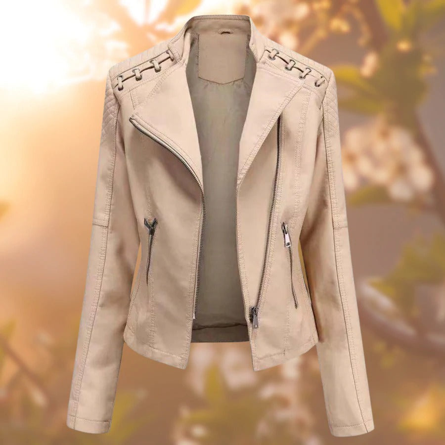 Chic women's biker jacket with timeless design, perfect for elegant fashion. Versatile outerwear, a true wardrobe essential.