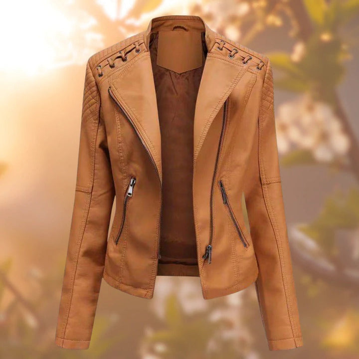 Elegant women's chic biker jacket with a classic design. Timeless fashion outerwear for a confident & stylish look.