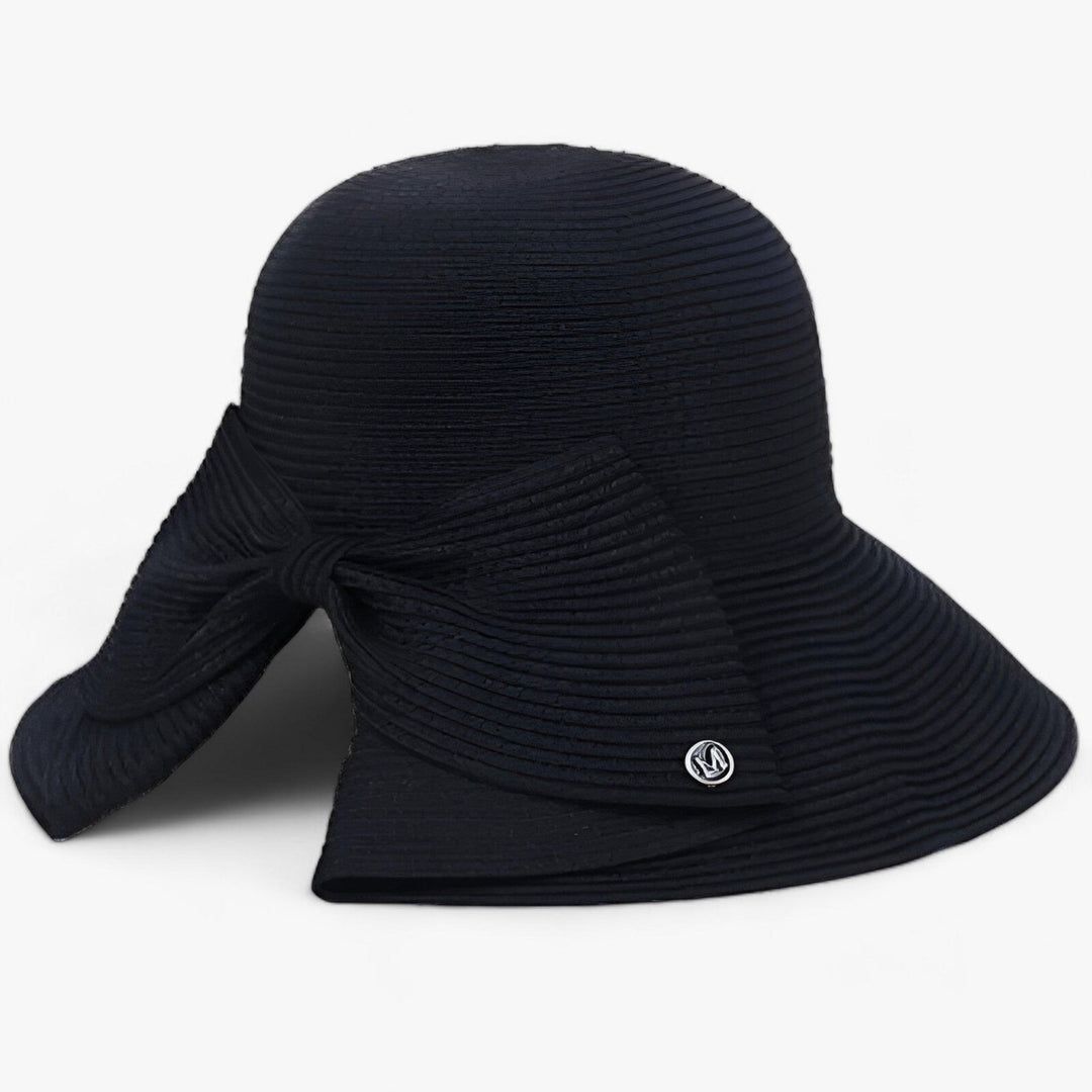 Stylish women's straw sun hat with an eye-catching asymmetrical bow, a perfect summer accessory.