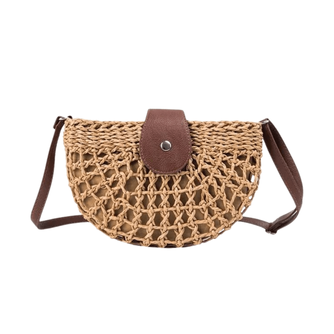 Casual women's straw shoulder bag with web design, a chic and natural accessory for beach days or city strolls.