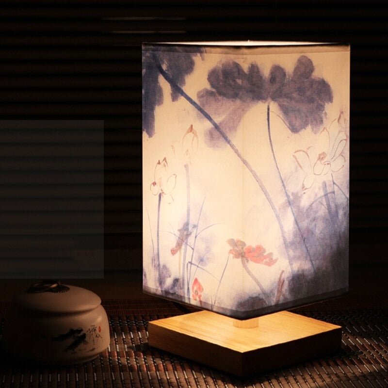 Unique Scandinavian table lamp featuring elegant Japanese print & soft fabric shade for interiors.