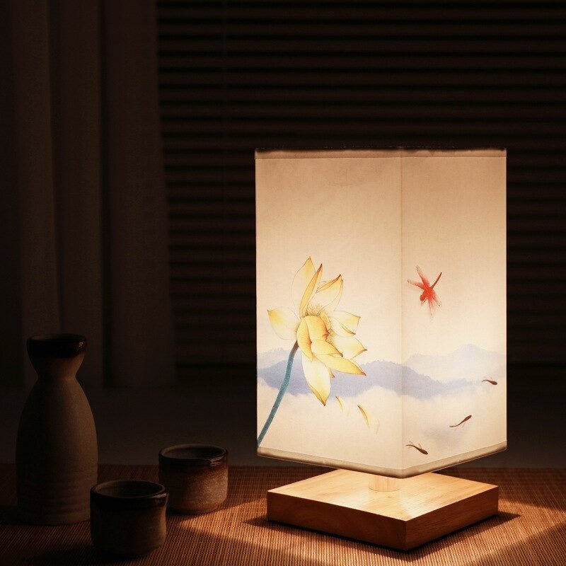 Unique modern accent lamp with distinctive Japanese print fabric shade, a decorative home piece.