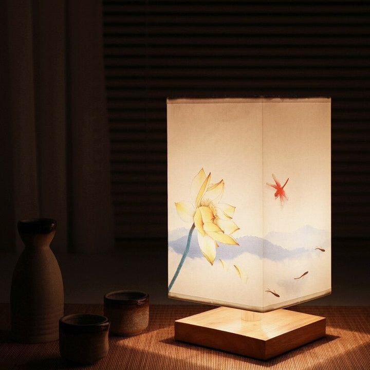Unique modern accent lamp with distinctive Japanese print fabric shade, a decorative home piece.