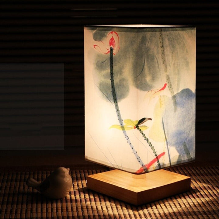 Decorative living room table lamp, blending Japanese print with Scandinavian design elements.